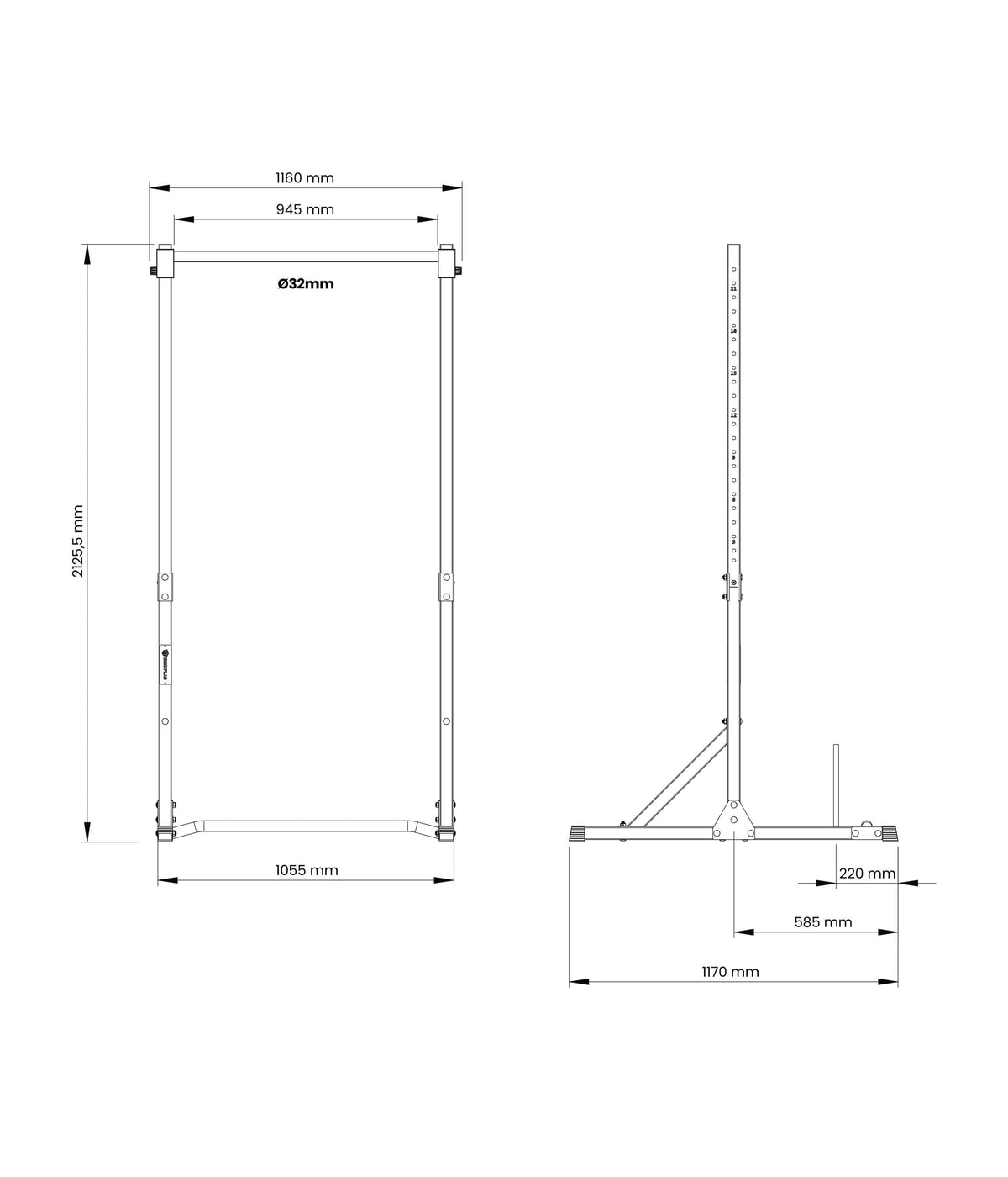 Plan des colonnes de stabilisation pour barre de traction avec dimensions détaillées.